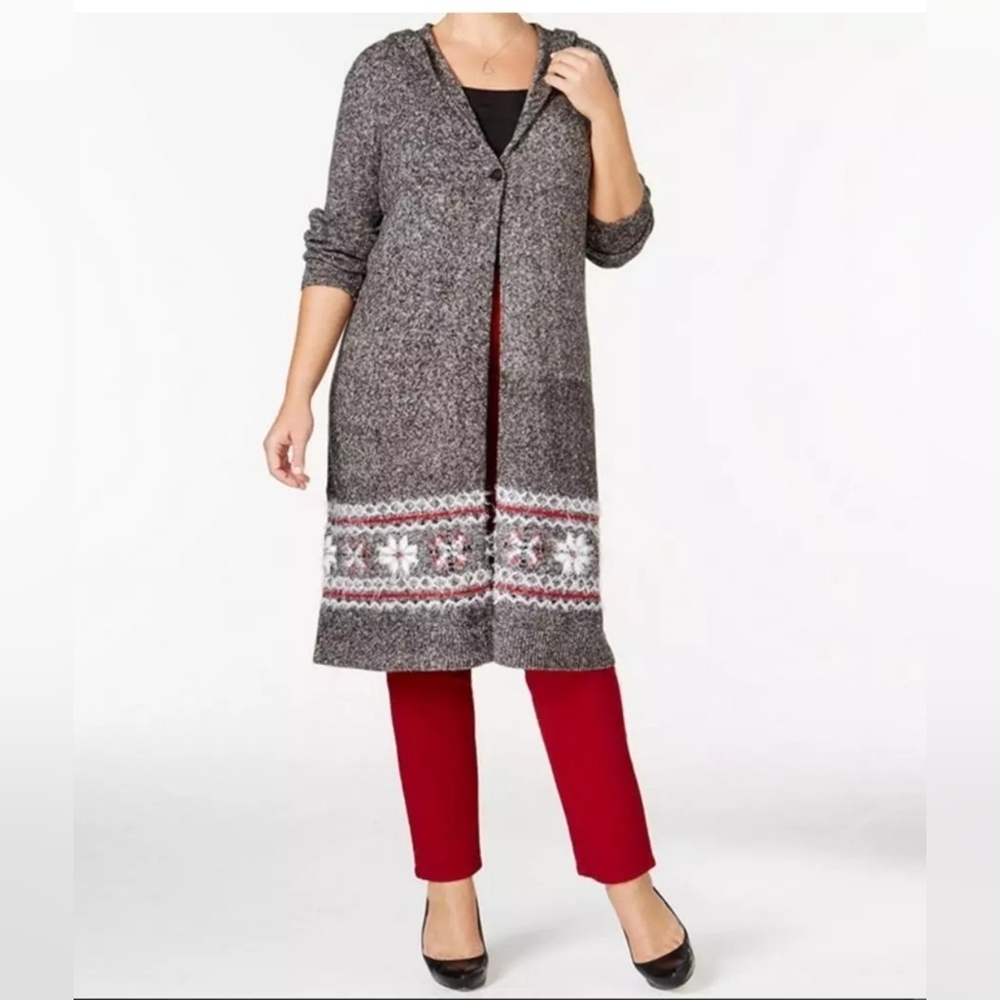 Style&co. Woman Long Grey Hooded Duster Snowflake Cardigan Nordic